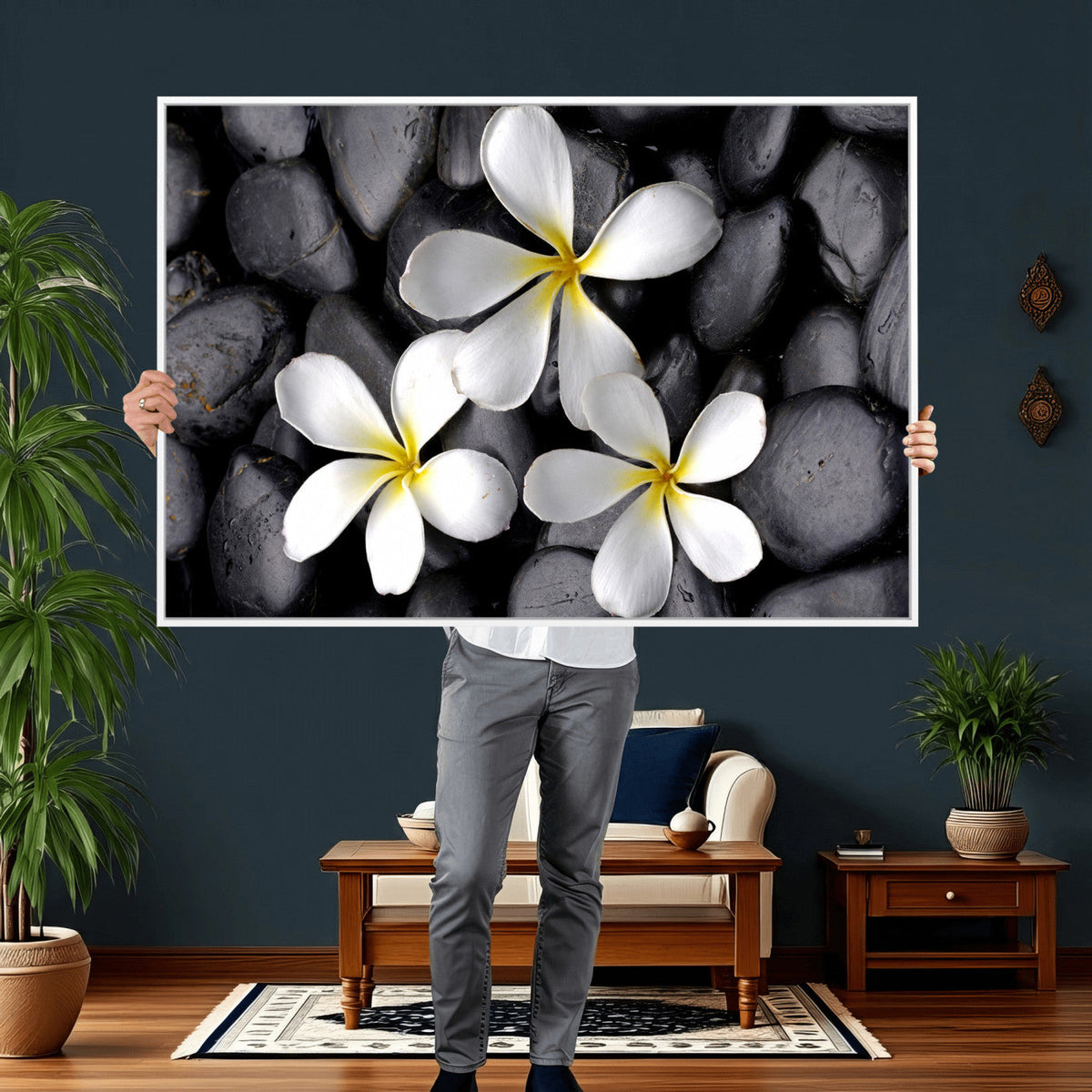 Plumeria Frangipani Black Stone Canvas | White Flower Spa