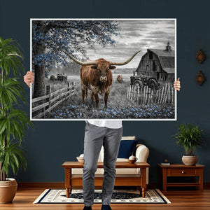 Texas Longhorn Canvas Wall Art, Rustic Farm Barn Bluebonnet