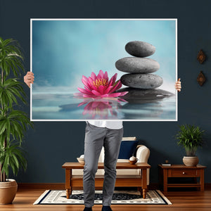 Zen Canvas Wall Art Lotus Flower Stacked Stones Teal Spa