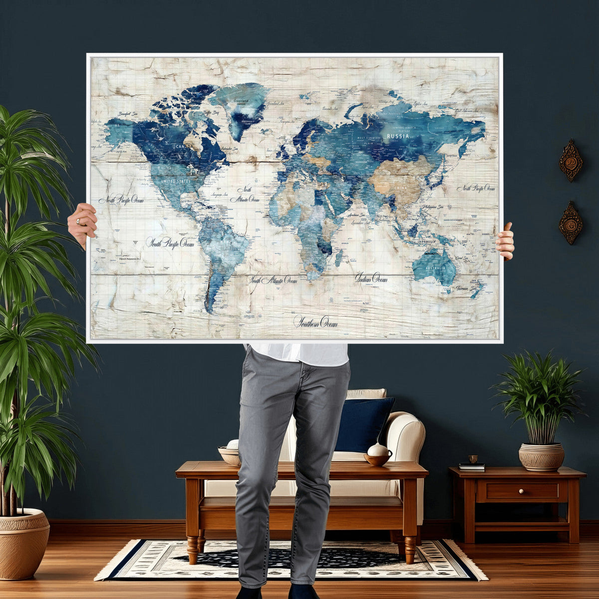 Watercolor World Map Canvas Wall Art Print – Abstract