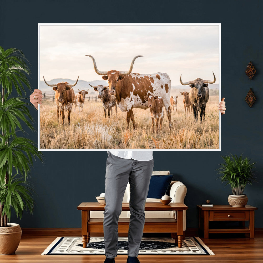 Texas Longhorn Canvas Wall Art, Rustic Farm Animal Photography Print, Farmhouse Country Decor, Western Ranch Art