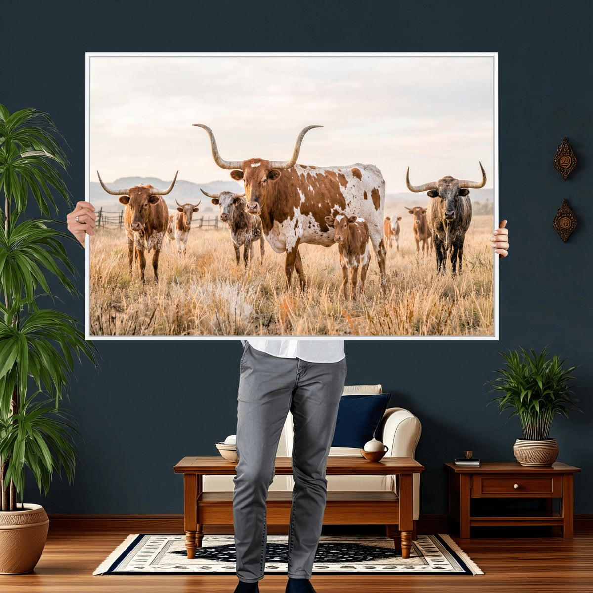 Texas Longhorn Canvas Wall Art, Rustic Farm Animal Photography Print, Farmhouse Country Decor, Western Ranch Art