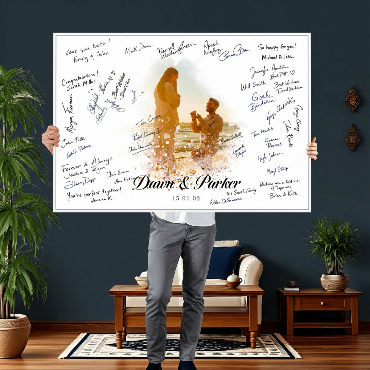 Wedding Guest Book Alternative Wall Art Canvas Print, Personalized Wedding Signature Poster, Custom Couple Photo Guestbook Canvas, Bridal Shower Reception Decor