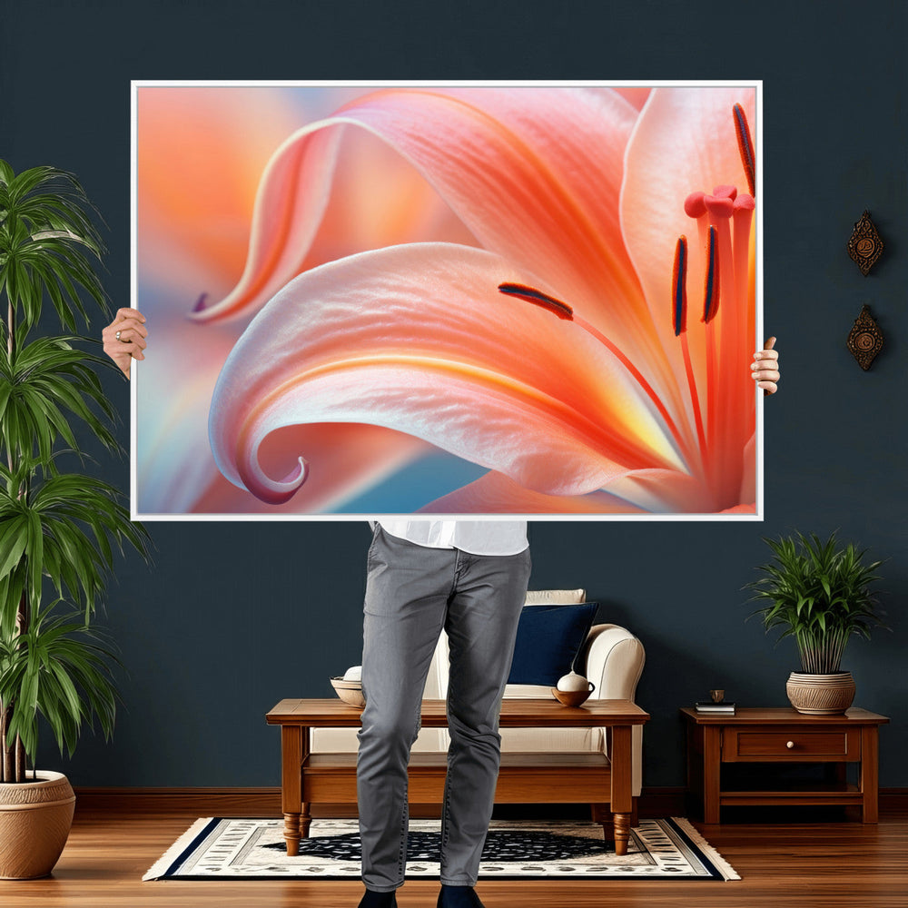 Peach Lily Canvas Wall Art, Coral Pink Flower Macro Photo Print, Botanical Bedroom Decor, Soft Floral Photography, Living Room Wall Art