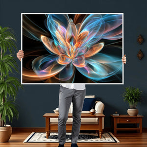 Fractal Lotus Canvas Wall Art, Blue Orange Glowing Flower Abstract Print, Modern Zen Meditation Room Decor, Ethereal Digital Art, Living Room
