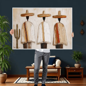 Mexican Wall Art Canvas Print, Southwestern Sombrero Poncho Painting, Neutral Earthy Boho Decor, Fiesta Living Room Art, Impasto Style Print