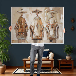 Mexican Folk Art Canvas Wall Art, Charro Poncho Sombrero Painting Print, Neutral Beige Boho Decor, Southwestern Impasto Style, Living Room Art