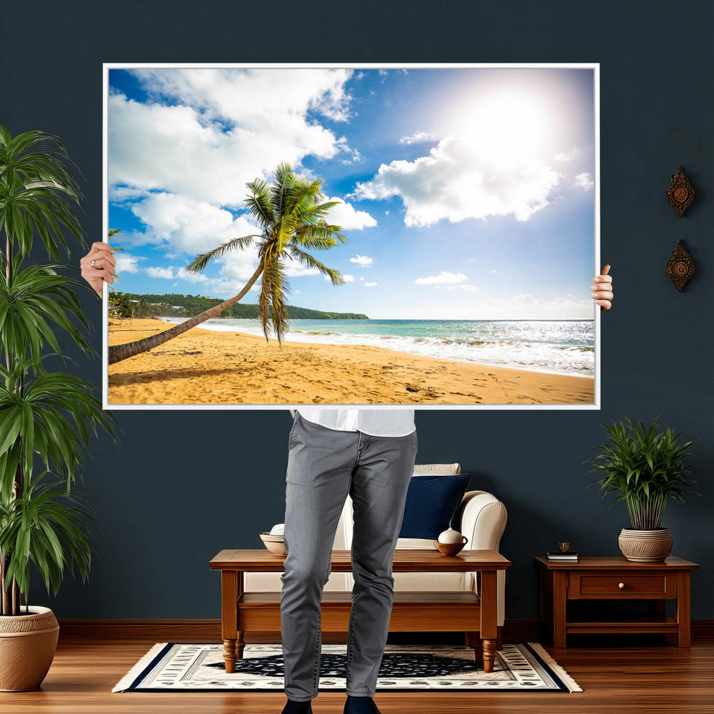 Tropical Beach Canvas Wall Art, Palm Tree Ocean Photo Print, Coastal Living Room Decor, Turquoise Sea Beach House Art, Summer Wall Art