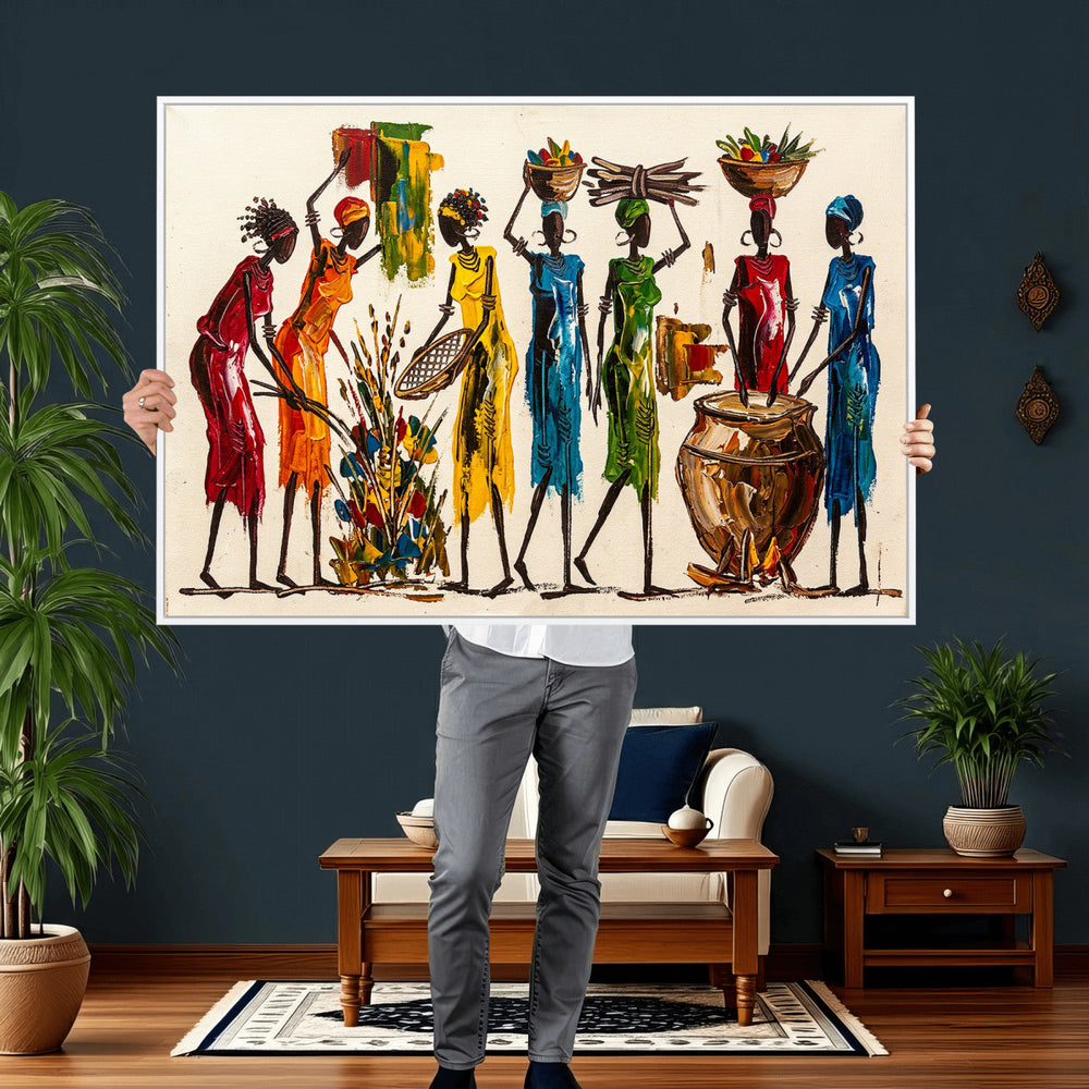 African Folk Art Canvas Wall Art, Colorful African Women Village Painting Print, Tribal Ethnic Home Decor, Vibrant African Art, Living Room