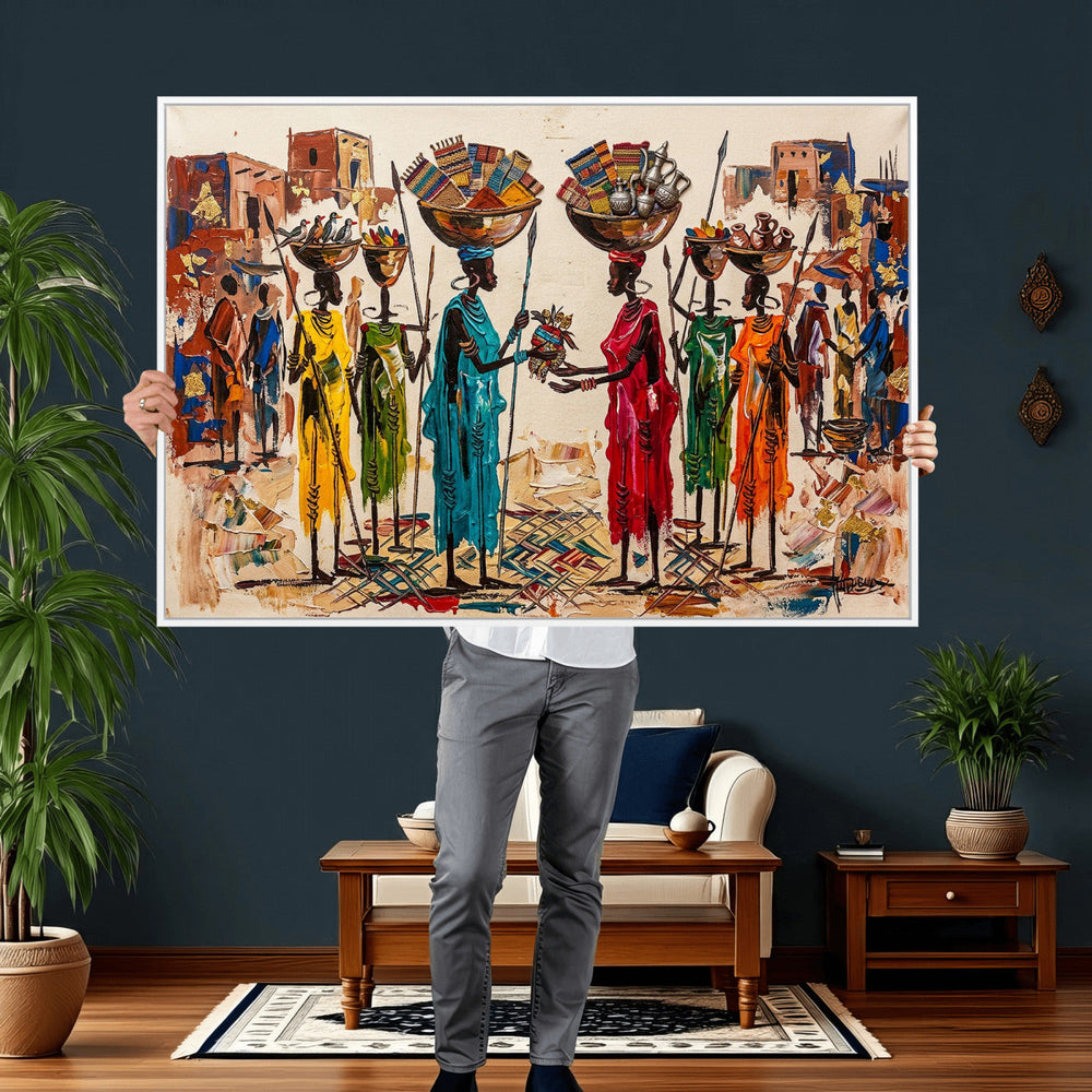 African Folk Art Canvas Wall Art, Colorful African Women Village Painting Print, Tribal Ethnic Home Decor, Vibrant African Art, Living Room