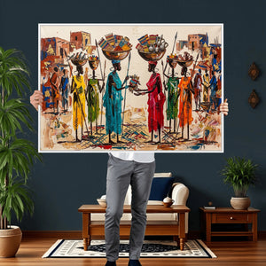 African Folk Art Canvas Wall Art, Colorful African Women Village Painting Print, Tribal Ethnic Home Decor, Vibrant African Art, Living Room