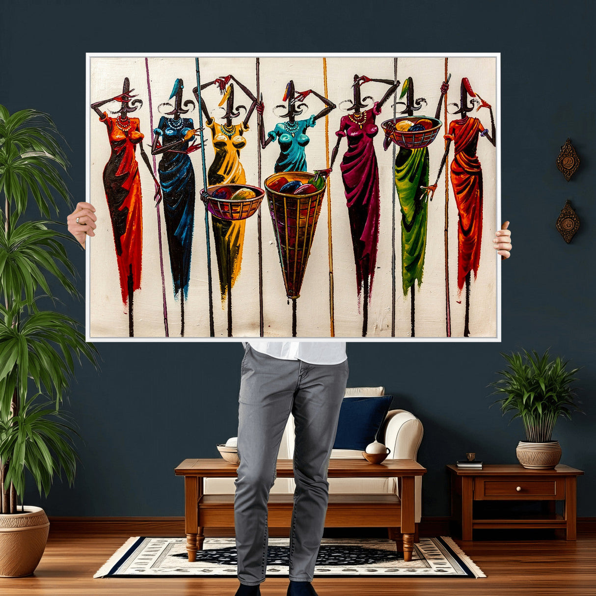 African Folk Art Canvas Wall Art, Colorful African Women Village Painting Print, Tribal Ethnic Home Decor, Vibrant African Art, Living Room