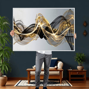Black and Gold Abstract Wall Art, Modern Wave Canvas Print, Elegant Flowing Smoke Art, Luxury Living Room Decor