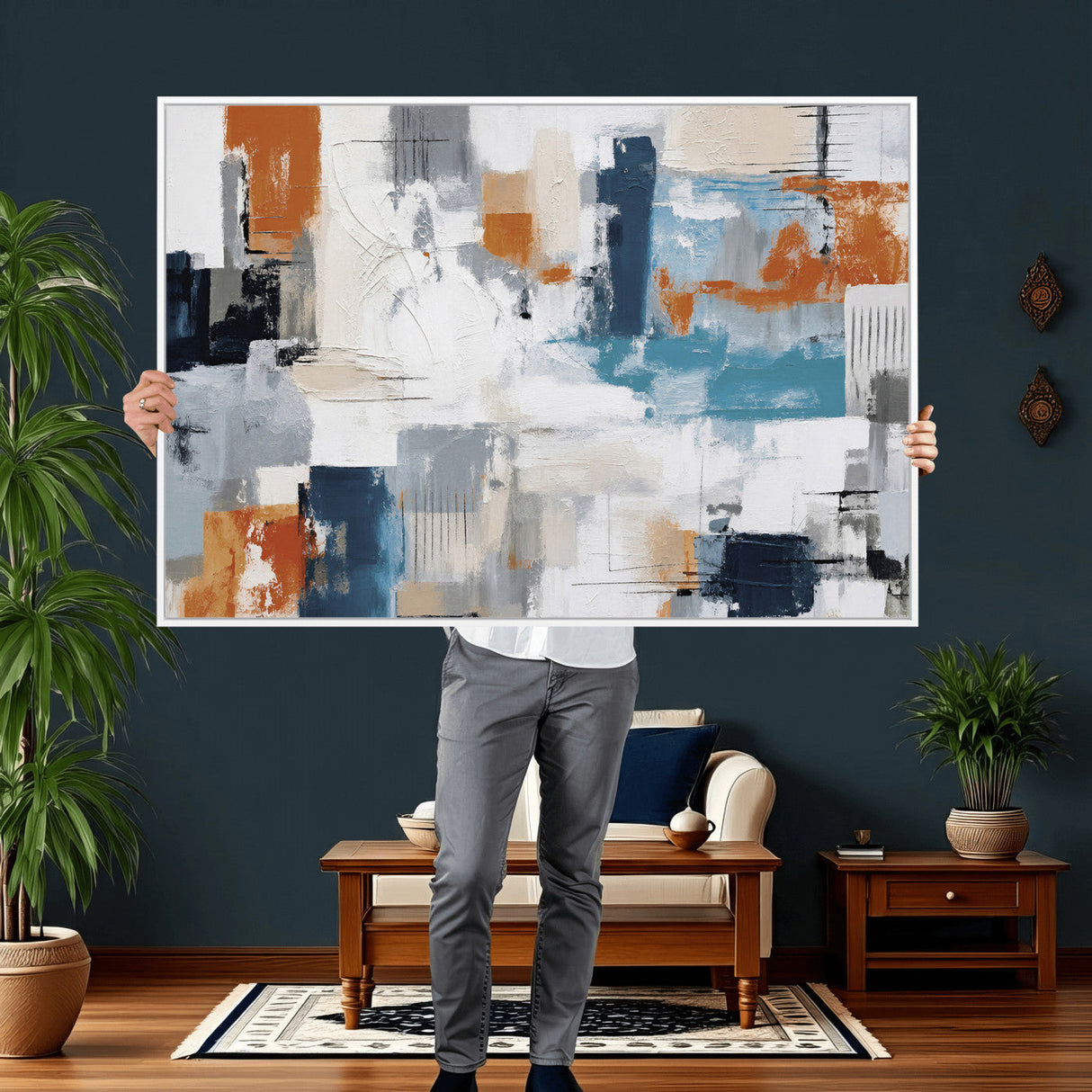 Blue Teal Abstract Canvas Wall Art, Modern Textured Painting Print, Navy Orange White Contemporary Art, Neutral Living Room Decor, Office Art
