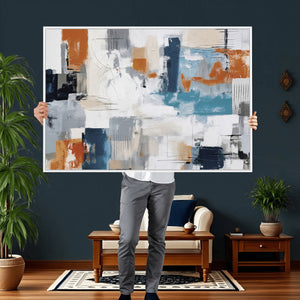 Blue Teal Abstract Canvas Wall Art, Modern Textured Painting Print, Navy Orange White Contemporary Art, Neutral Living Room Decor, Office Art