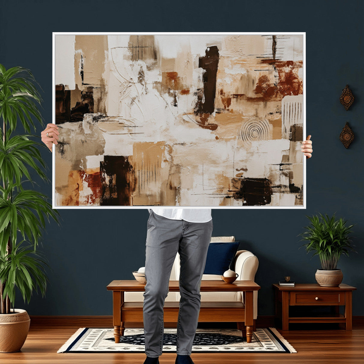 Blue Teal Abstract Canvas Wall Art, Modern Textured Painting Print, Navy Orange White Contemporary Art, Neutral Living Room Decor, Office Art