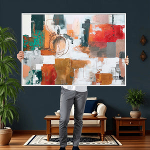 Blue Teal Abstract Canvas Wall Art, Modern Textured Painting Print, Navy Orange White Contemporary Art, Neutral Living Room Decor, Office Art