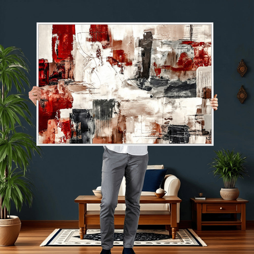 Blue Teal Abstract Canvas Wall Art, Modern Textured Painting Print, Navy Orange White Contemporary Art, Neutral Living Room Decor, Office Art
