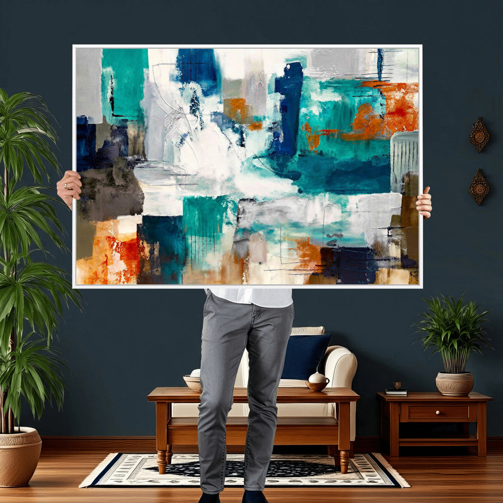 Blue Teal Abstract Canvas Wall Art, Modern Textured Painting Print, Navy Orange White Contemporary Art, Neutral Living Room Decor, Office Art