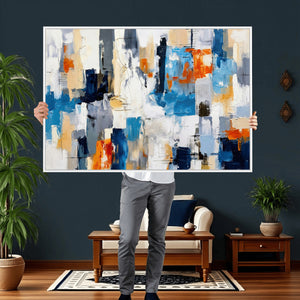 Blue Teal Abstract Canvas Wall Art, Modern Textured Painting Print, Navy Orange White Contemporary Art, Neutral Living Room Decor, Office Art
