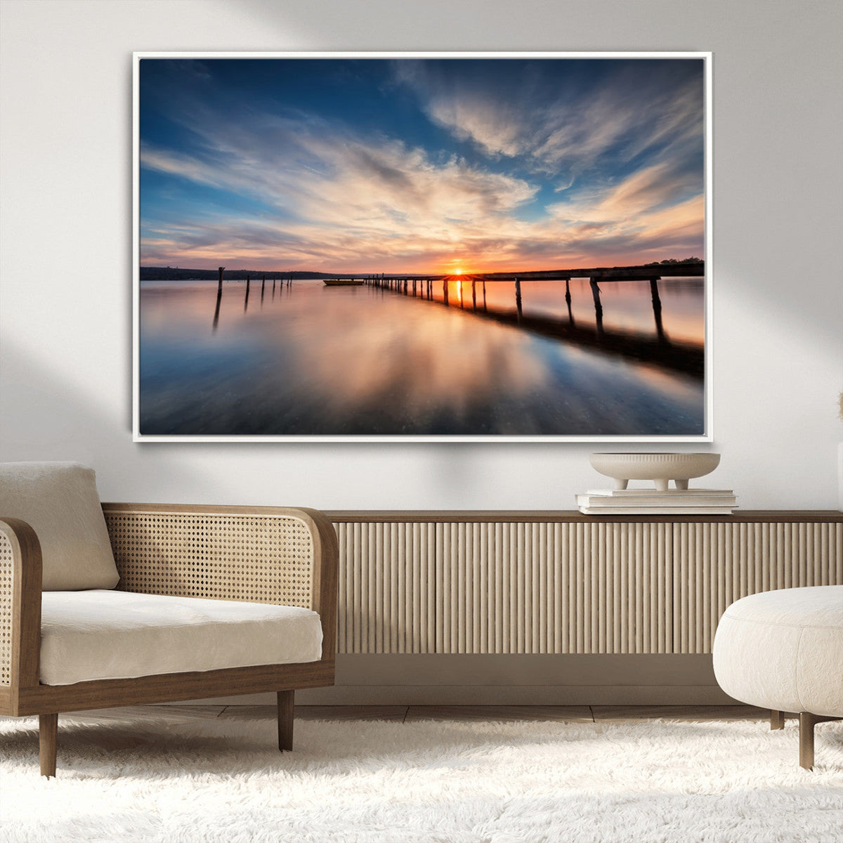 Wooden Pier on Seascape and Sunset Wall Art Canvas Print