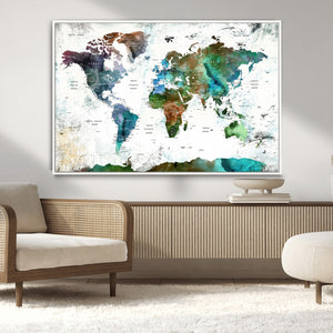 Modern Watercolor World Map Canvas Wall Art – Framed