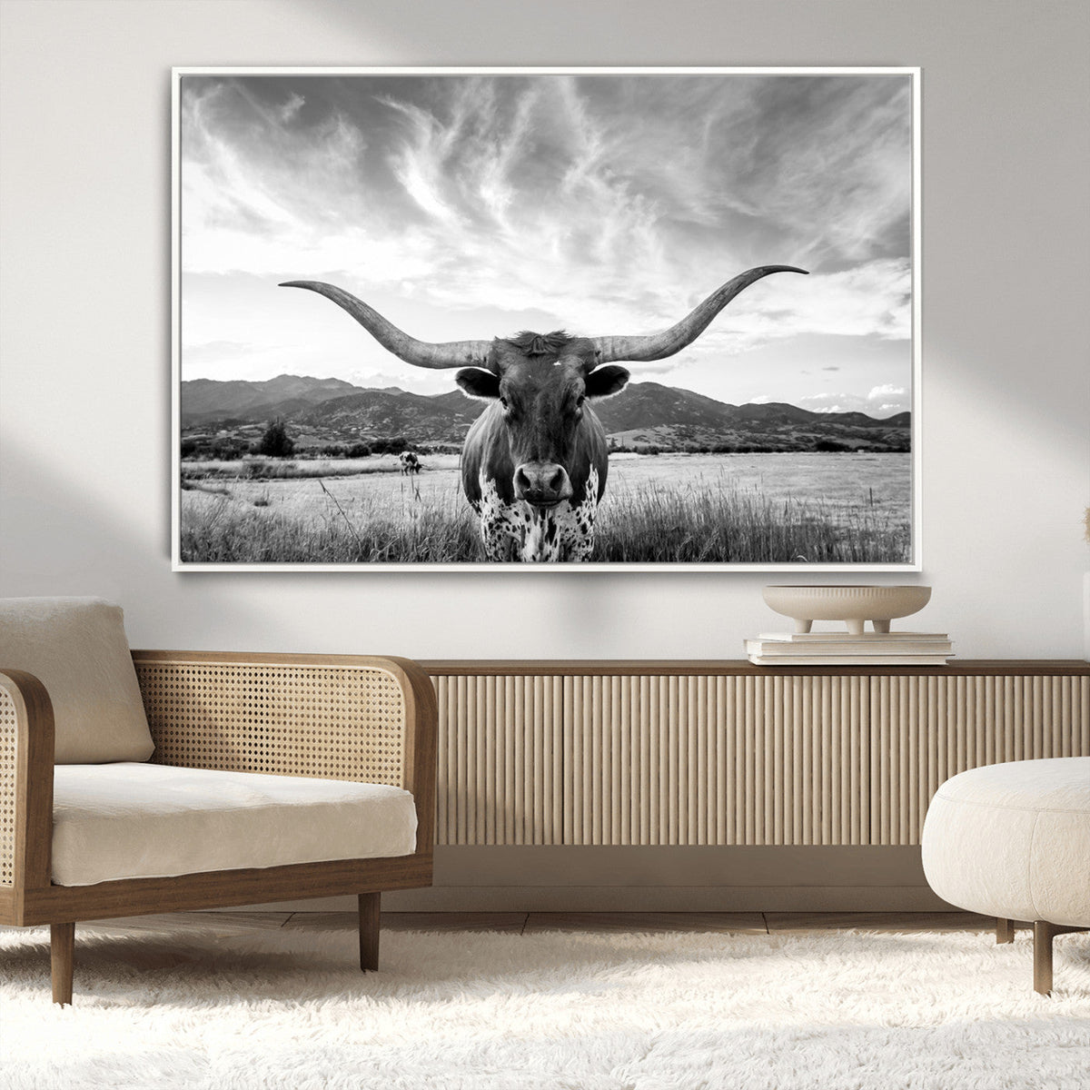 Longhorn Black and White Wall Art – Rustic Western Bull