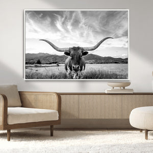 Longhorn Black and White Wall Art – Rustic Western Bull