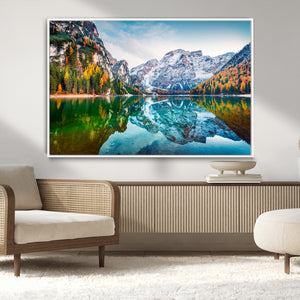 Spectacular autumn view of Braies Lake Wall Art Canvas Print