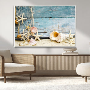 Seashells on Rustic Wooden Background, Seashells Wall Art