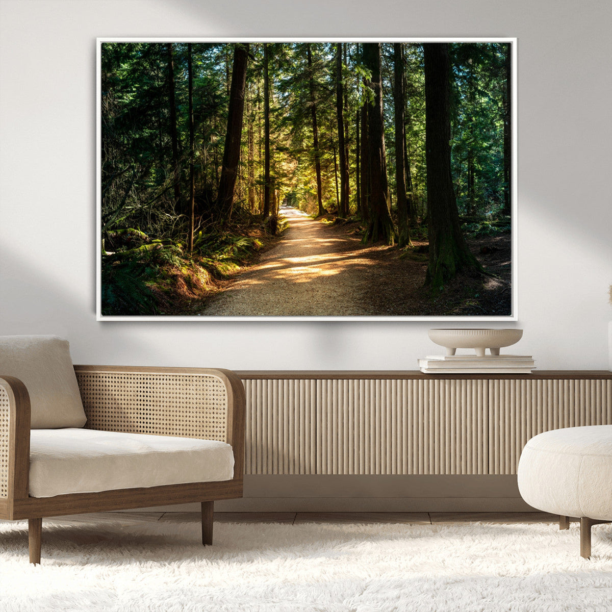 Sunlit Forest Pathway Canvas Print | 3 Panel Large Nature