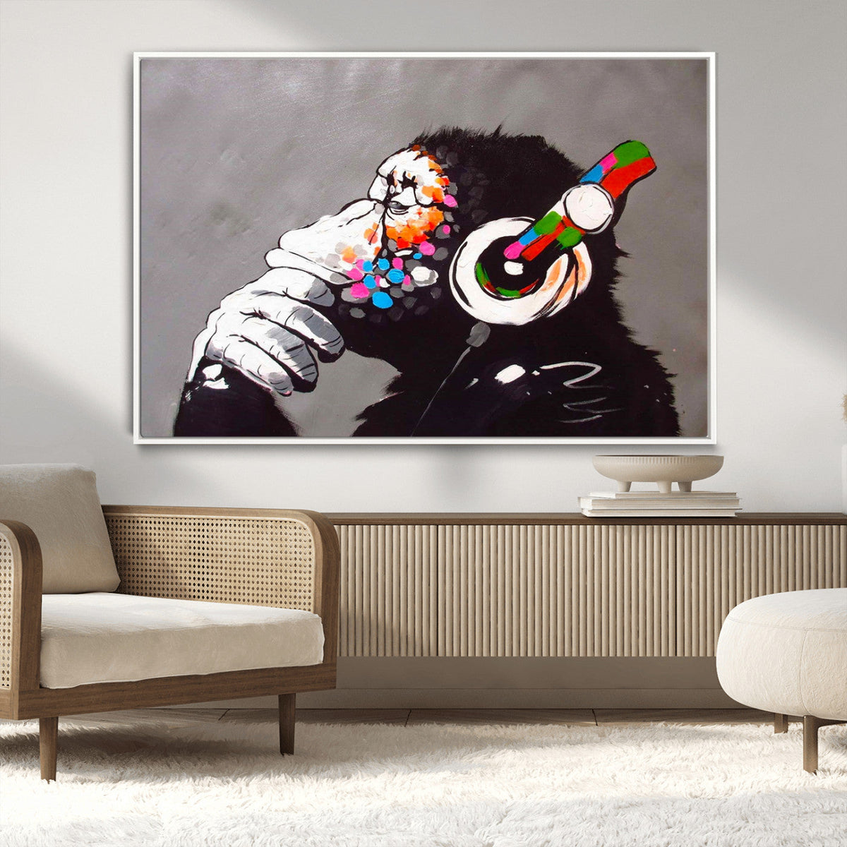 Dj Monkey Listening to Music Wall Art Print | Banksy Monkey