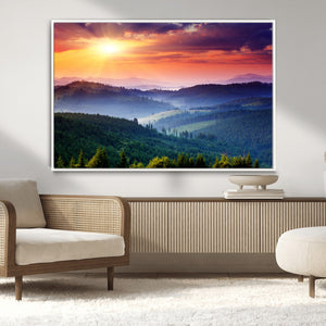 Beautiful Sunset over Hills Forest Landscape Canvas Wall Art