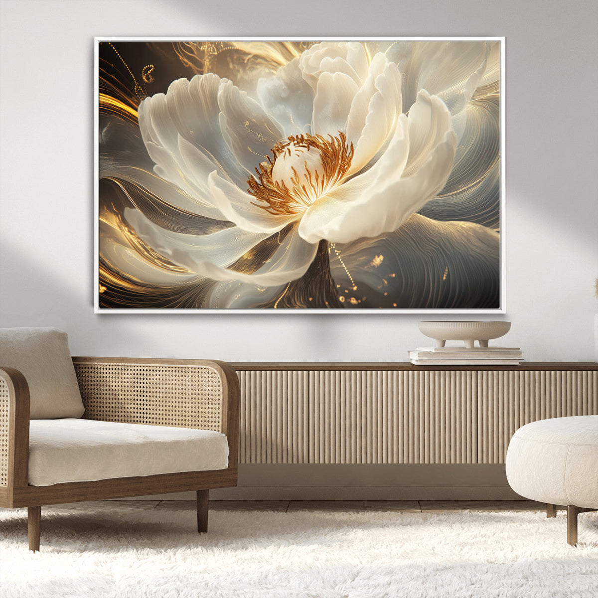 Gold Floral Wall Art Canvas Print, Framed Modern Flower Art