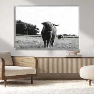 Black and White Highland Cow Wall Art Canvas Print | Rustic