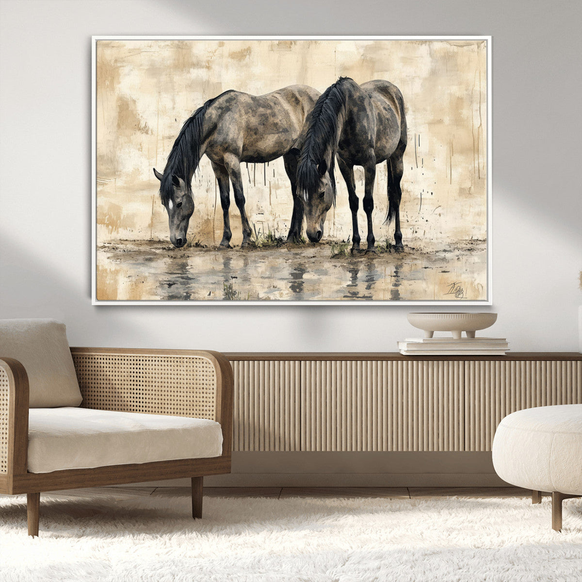Chinese Style Abstract Black Horses Wall Art Canvas Print -