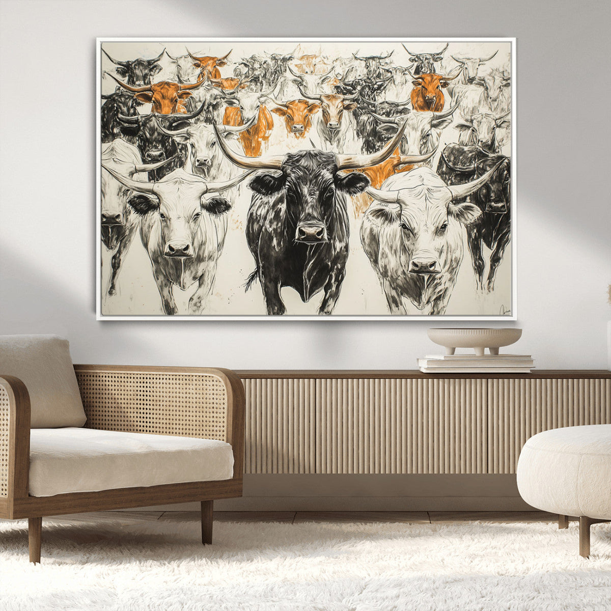 Farmhouse Wall Art | Western Longhorn Cattle Canvas Print |