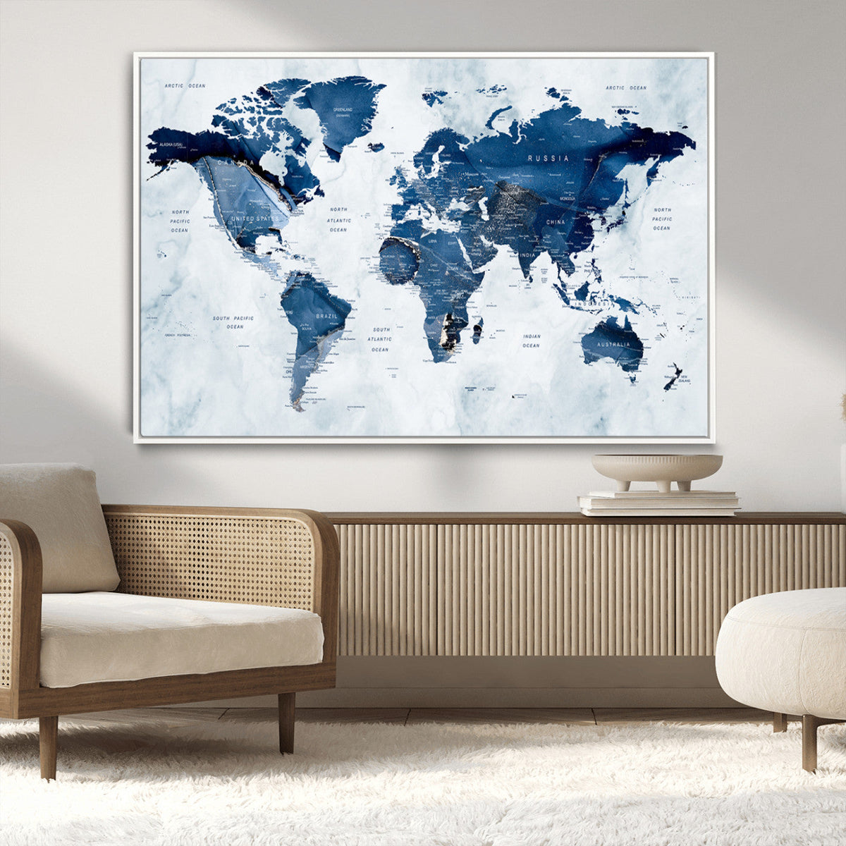 Modern Blue World Map Canvas Print – Framed Wall Art,