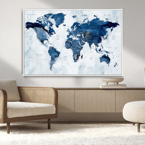 Modern Blue World Map Canvas Print – Framed Wall Art,