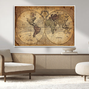 Vintage World Map Wall Art Canvas – Antique Style Push Pin