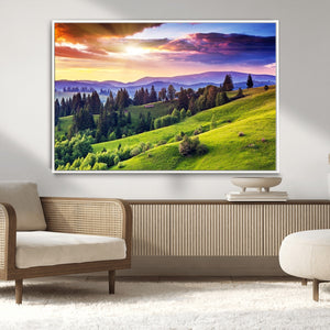 Green Hills and Sunset Wall Art Print - Scenic Landscape