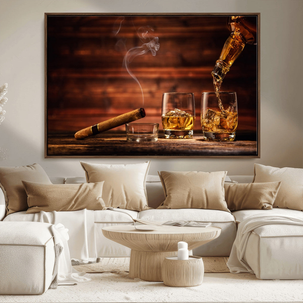 Whiskey and Cigar Wall Art Canvas | 3 Panel Bar Room Decor