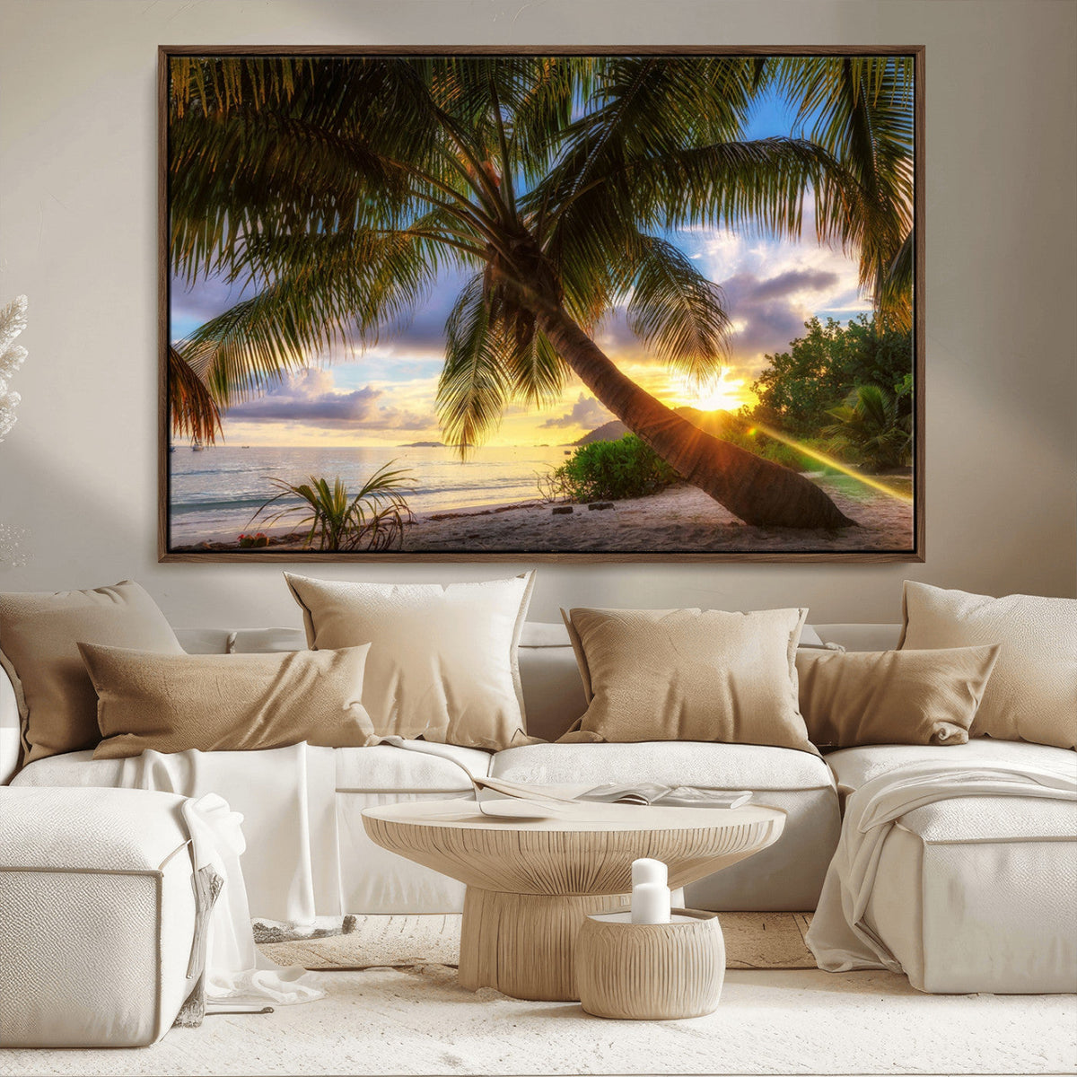Tropical Island Sunset on the Beach Palms Wall Art Canvas