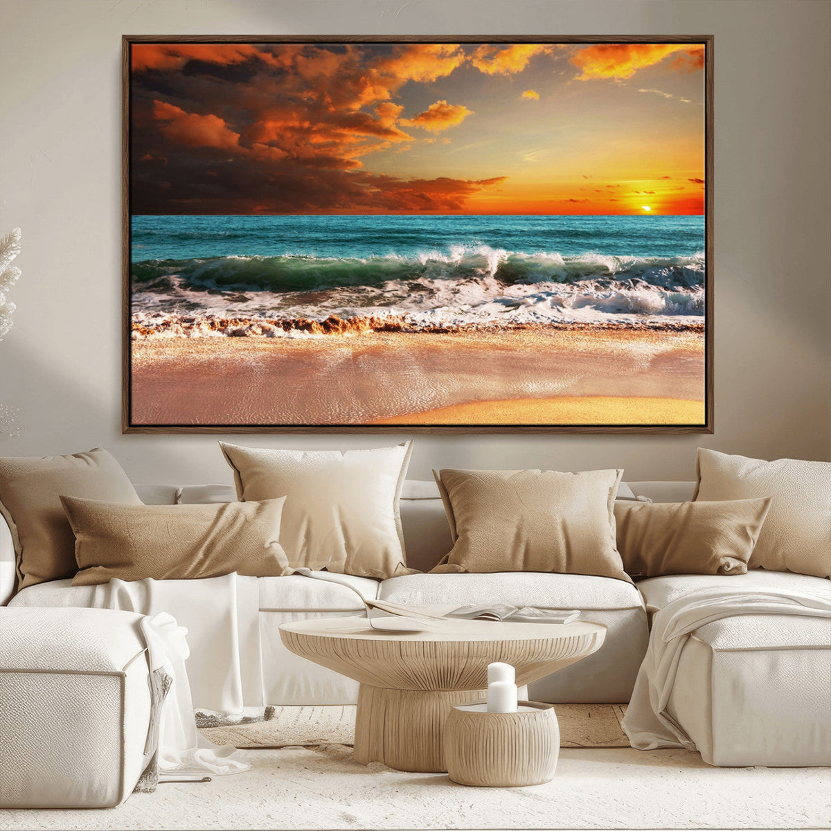 Golden Sunset Beach Canvas Wall Art – Triptych Seascape