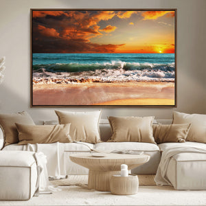 Golden Sunset Beach Canvas Wall Art – Triptych Seascape