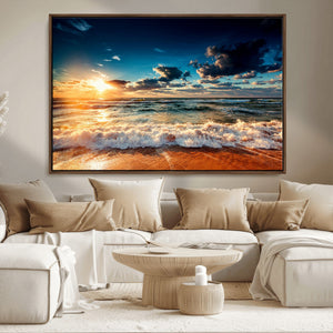 Golden Hour Sunset Over Ocean Waves Wall Art Canvas Print |