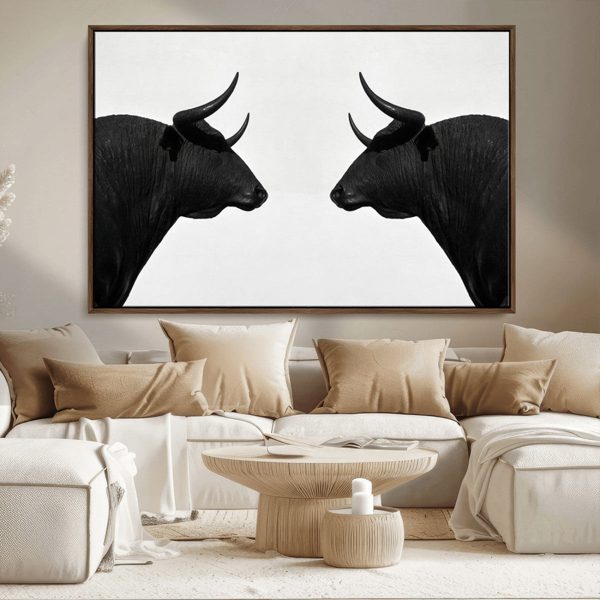Spanish Bull Art - Framed Black and White Bull Canvas Print