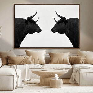 Spanish Bull Art - Framed Black and White Bull Canvas Print