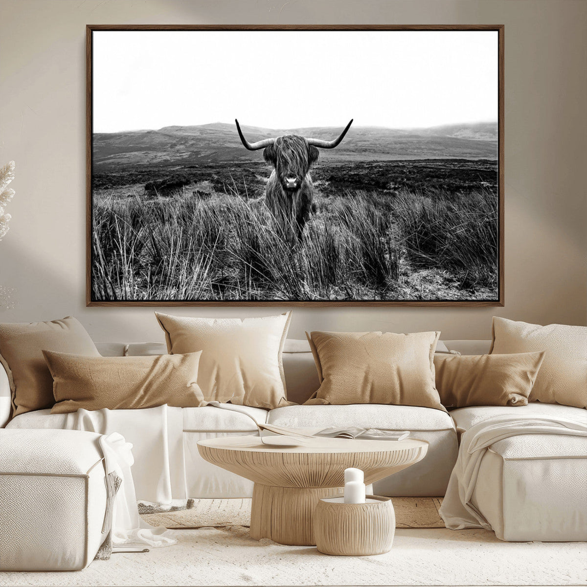 Black and White Highland Cow Canvas Wall Art, Longhorn
