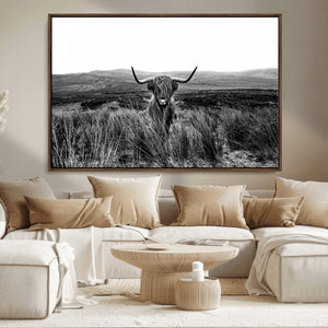 Black and White Highland Cow Canvas Wall Art, Longhorn